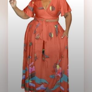 Independent 2 piece Skirt set, Womens size 2x, coral with abstract &anim…